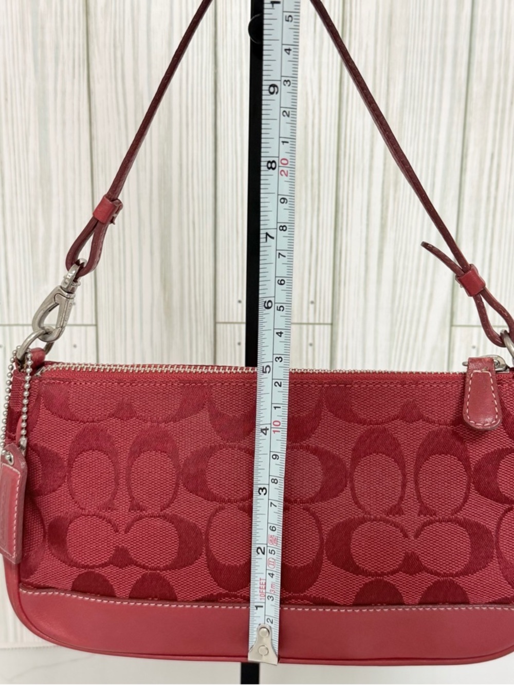 Coach Signature Jacquard Red Mini Shoulder Bag Y2K Baguette Purse Leather Trim - Picture 6 of 13